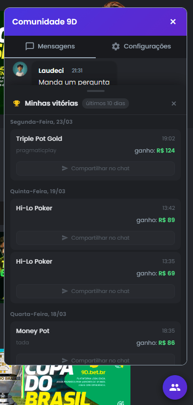 Feed de compartilhamento de grandes ganhos